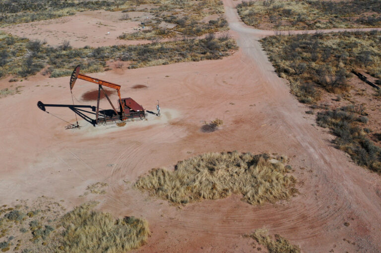 In an aerial view, an oil pumpjack works in the Permian Basin oil field on March 12, 2022 in Crane, Texas. Credit: Joe Raedle/Getty Images
