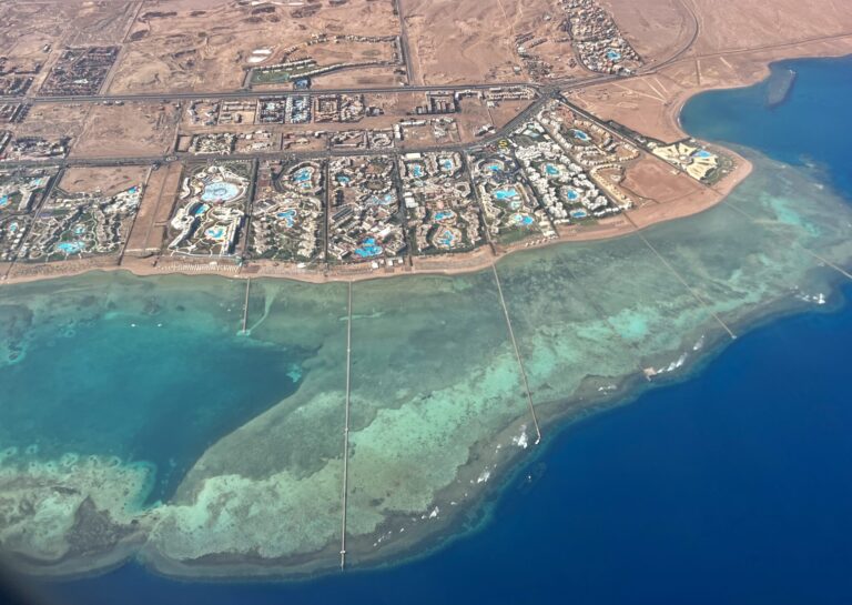 Aerial view of a heavily touristed reef near resort developments near Sharm El-sheikh, Egypt. Runoff from landscaping at the resorts is a potential threat to the health of the reefs. Credit: Bob Berwyn