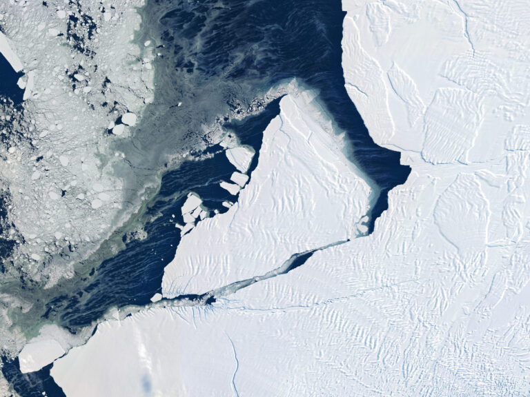 An iceberg calving from Antarctica's Brunt Ice Shelf in February 2021. Credit: Gallo Images/Orbital Horizon/Copernicus Sentinel Data 2021