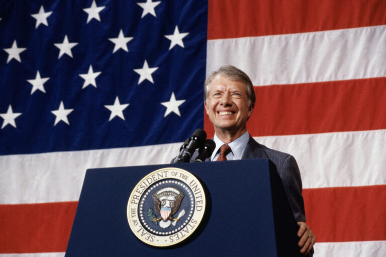President Jimmy Carter addressing a town meeting. Credit: Getty Images