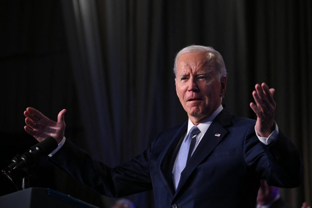 President Joe Biden speaks about the creation of new manufacturing jobs at the Washington Hilton in Washington, D.C. on April 25, 2023. Credit: Jim Watson/AFP via Getty Images