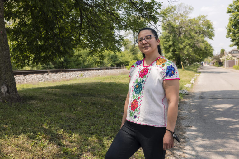 Esmeralda Hernandez, 46, poses for a portrait near her home in Little Village. She is alarmed by a plan to expand lanes of an expressway near her community on the Southwest Side of Chicago. Credit: Anthony Vazquez/Sun-Times