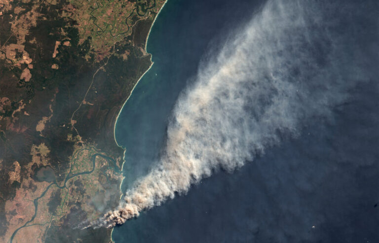 Wildfire smoke hovers over the Pacific coast of northern New South Wales, Australia in September 2019. Credit: Orbital Horizon/Copernicus Sentinel Data/Gallo Images via Getty Images