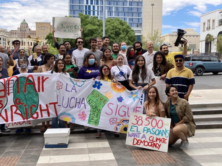 Sunrise El Paso members gather on July 25, 2022 outside El Paso City Hall after delivering 39,000 signatures to the city clerk in support of adding the climate charter to the ballot. Credit: Martha Pskowski