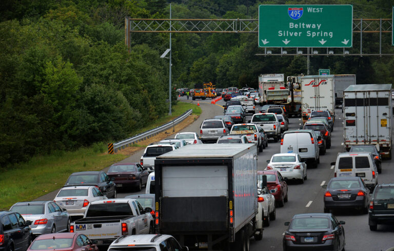 Traffic backs up on the outer loop of the Beltway on Aug. 13, 2013 in College Park, Maryland. Credit: Bill O'Leary/The Washington Post via Getty Images