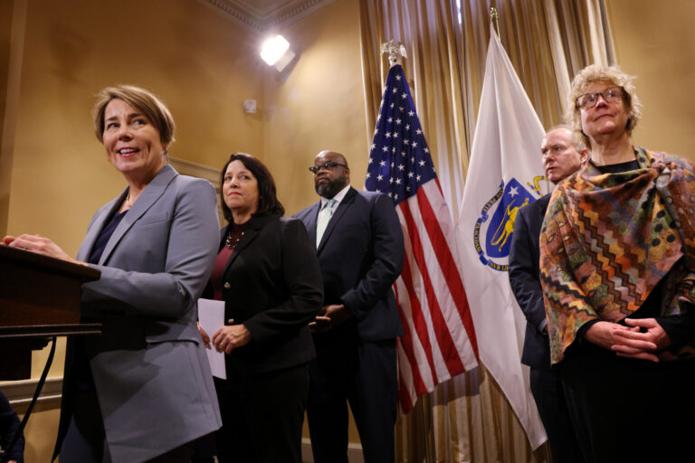 Massachusetts Governor Maura Healey, left, spoke during a press conference with cabinet members including Melissa Hoffer, right, the state's first climate chief. Credit: Craig F. Walker/The Boston Globe via Getty Images
