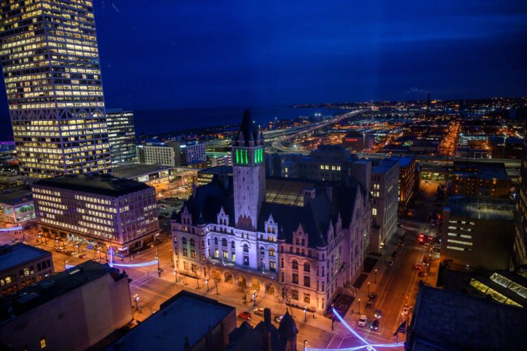 The Milwaukee skyline with Lake Michigan in the background is seen at night on Jan. 6, 2020 in Milwaukee, Wisconsin. Credit: Eric Baradat/AFP via Getty Images