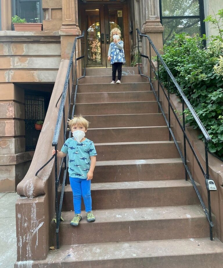 Arthur Steubing, 3, and his sister, Vesper Steubing 5, standing outside their family's home in New York last week, wearing masks to protect themselves from wildfire smoke from Canada that was blanketing the city. Credit: Wilhelmina PeragineArthur Steubing, 3, and his sister, Vesper Steubing 5, standing outside their family's home in New York last week, wearing masks to protect themselves from wildfire smoke from Canada that was blanketing the city. Credit: Wilhelmina Peragine