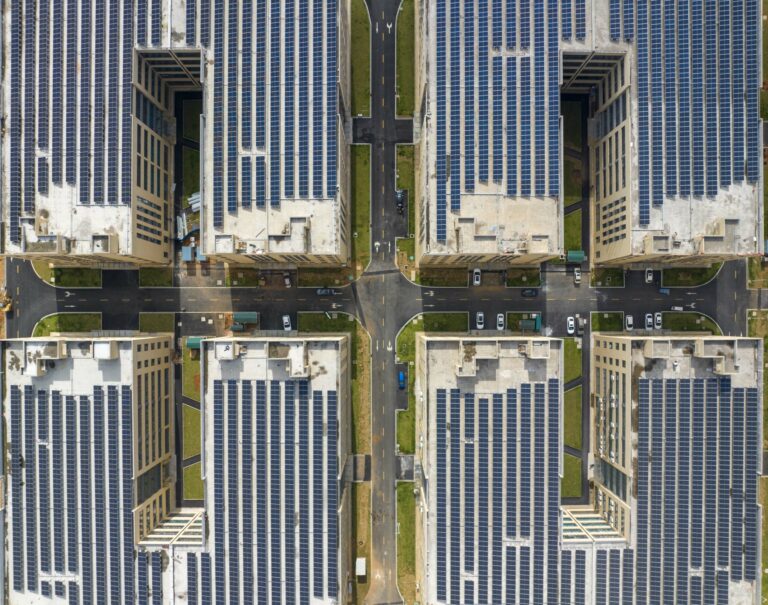 An aerial view of solar panels installed on the roof of buildings at a machinery equipment manufacturing industrial park in Yongzhou, Hunan Province of China, on June 7, 2023. Credit: VCG via Getty Images