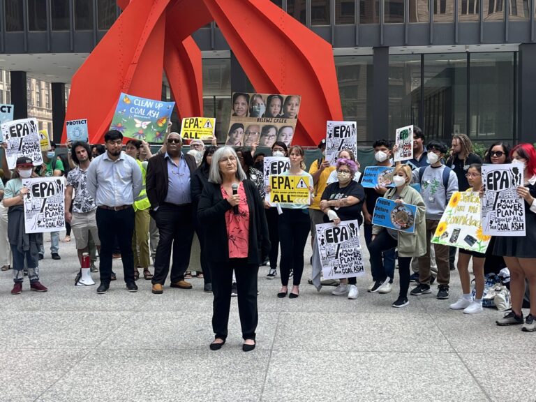 Vickie Simmons, a member of the Tribal Council of the Moapa Band of Paiute in southern Nevada, calls on the EPA to reform its coal ash disposal rules at a rally in Chicago on June 28, 2023. Credit: Aydali Campa