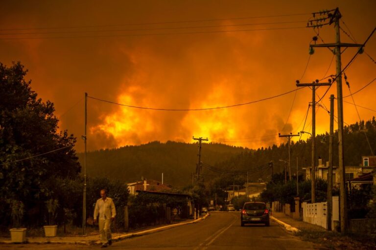 A photo of wildfires in Greek island.