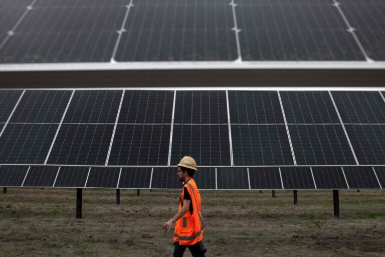 A worker walks past a solar facility in Hill County, Texas in March 2023. Credit: Mark Felix/ AFP/Getty Images