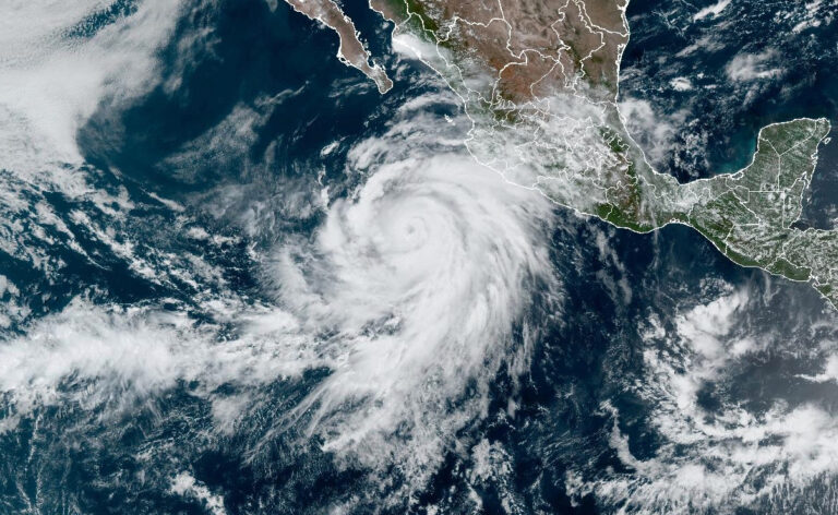 Hurricane Hilary southwest of the Baja Peninsula on Friday, August 18, 2023. Credit: NOAA