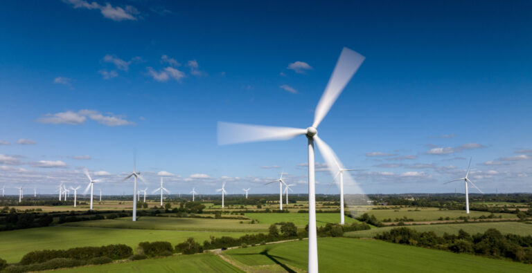Wind turbines on a wind farm.