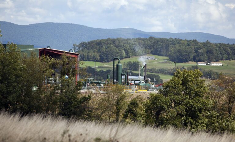A natural gas compressor station sits on a hillside in Penn Township, Pennsylvania. Credit: Robert Nickelsberg/Getty Images.