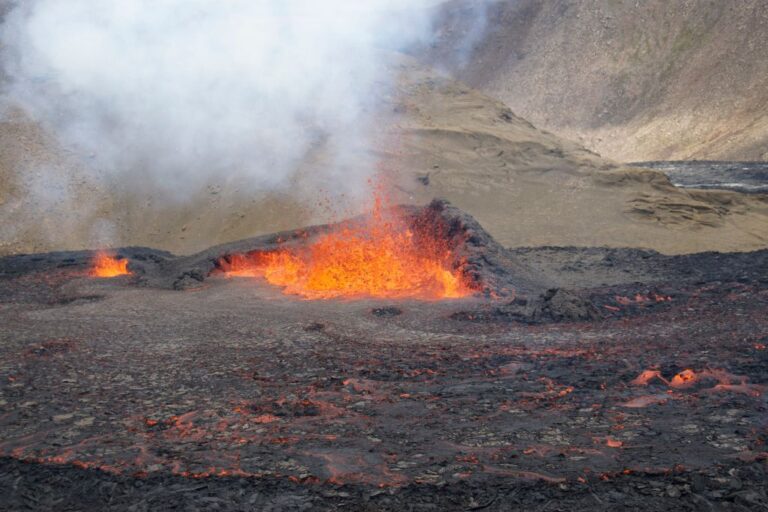 lava spews from the vulcano in Fagradalsfjall, Iceland