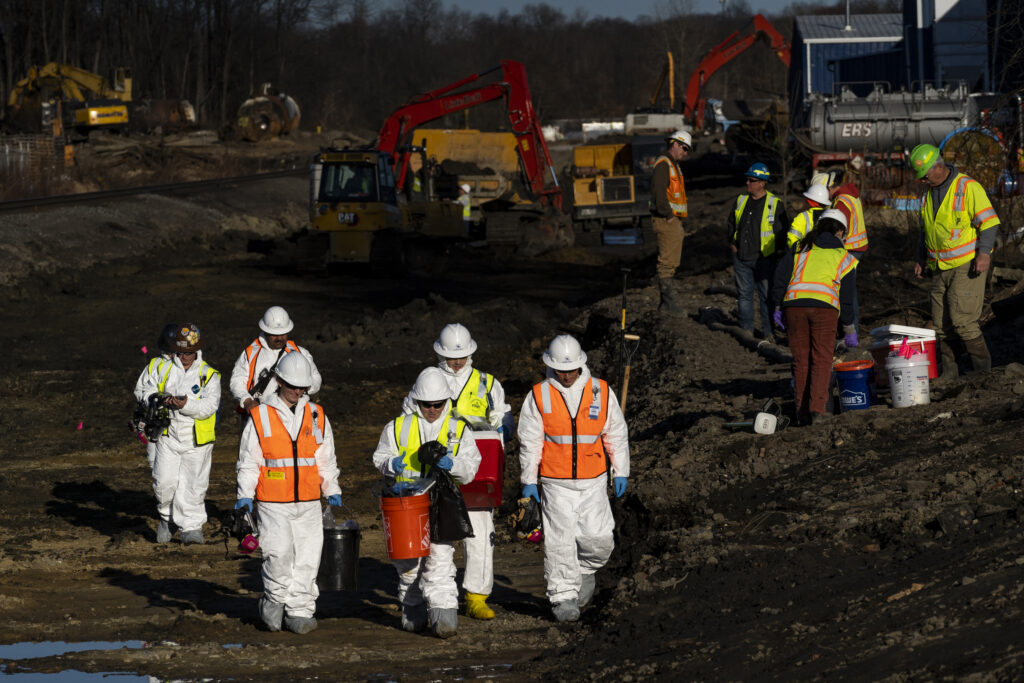 Ohio EPA and EPA contractors collect soil and air samples from the train derailment site on March 9, 2023 in East Palestine, Ohio. Credit: Michael Swensen/Getty Images