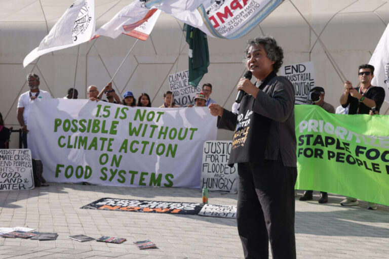 Activists protest for equitable global food production on day eleven of the COP28 Climate Conference as negotiations go into their final phase on Dec. 11 in Dubai. Credit: Sean Gallup/Getty Images