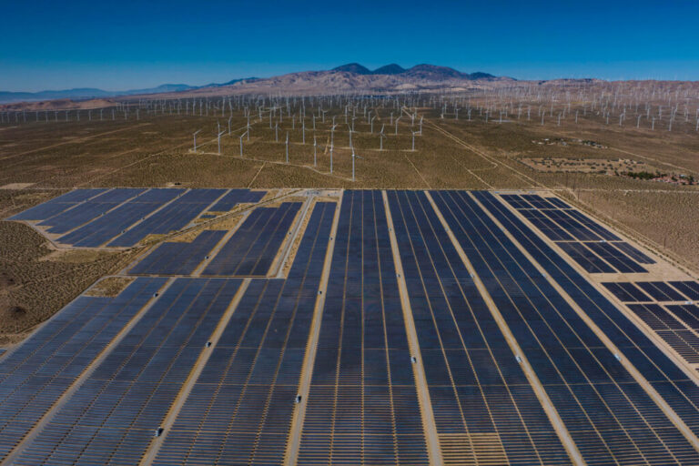 Wind turbines and solar panels merge in the desert of Mojave, Calif. Credit: Visions of America/Joe Sohm/Universal Images Group via Getty Images