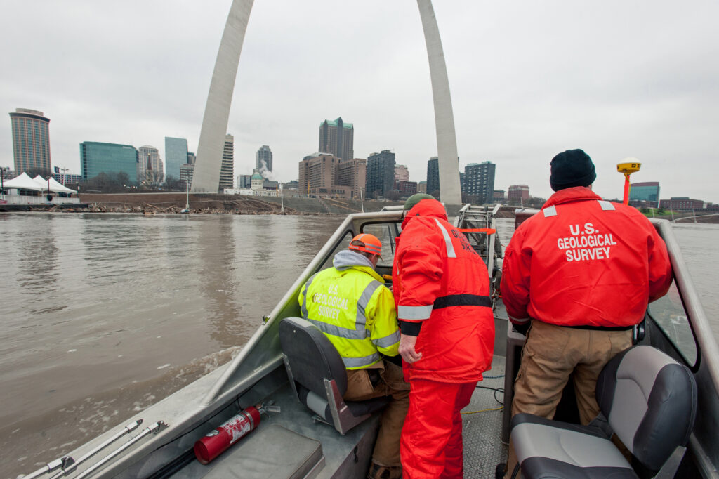 USGS scientists take streamflow measurements along the Mississippi River in St. Louis. This information is critical in making flood predictions and response plans. Credit: Jennifer LaVista/USGS