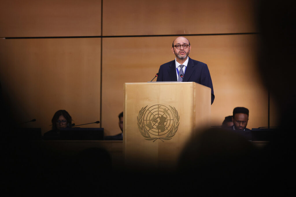 Luis Vayas Valdivieso, chair of the U.N. Intergovernmental Negotiating Committee on Plastic Pollution, speaks during the second part of the fifth session of the INC on Tuesday in Geneva, Switzerland. Credit: Florian Fussstetter/UNEP
