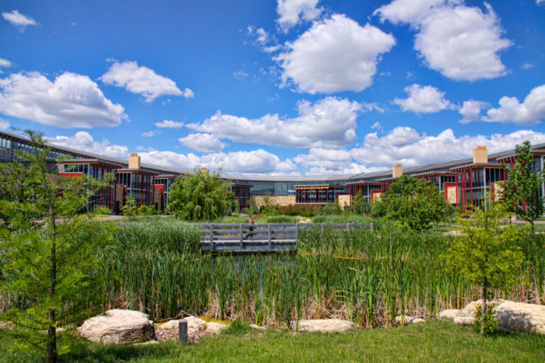 Epic’s corporate headquarters in Verona, Wis., features a geothermal heating and cooling network buried beneath the buildings. Credit: Courtesy of Epic