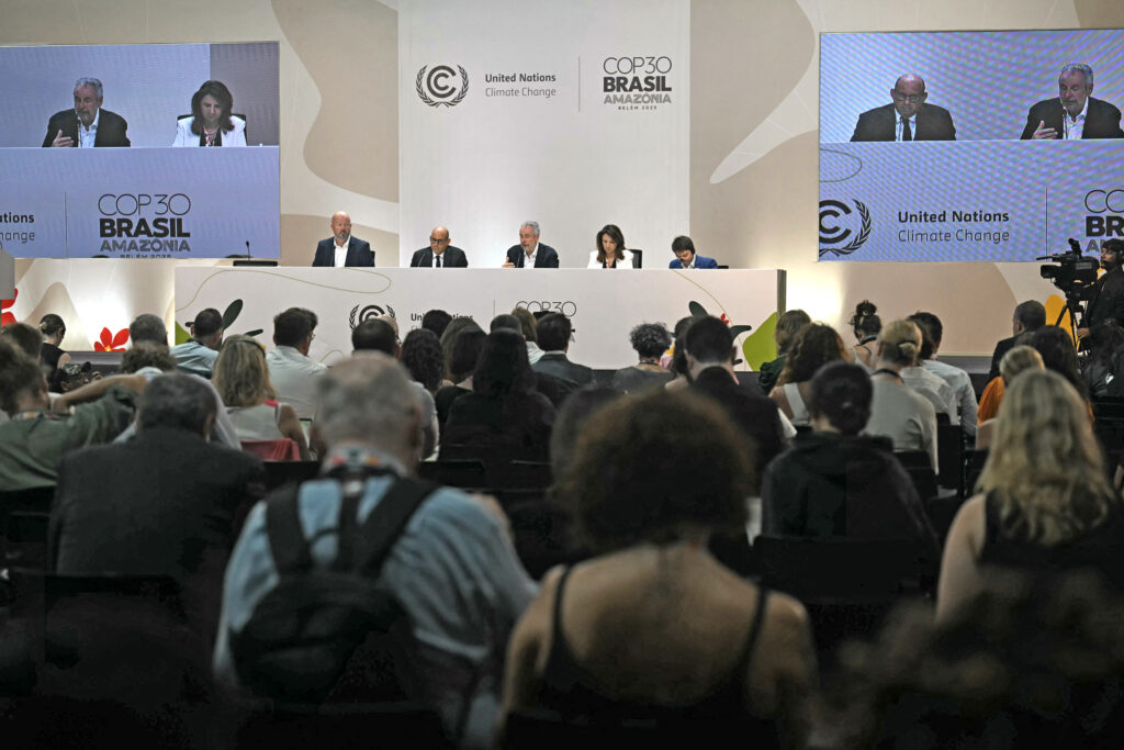 COP30 President Andre Correa do Lago (center) speaks during a press meeting at the climate conference in Belém, Brazil, on Monday. Credit: Mauro Pimentel/AFP via Getty Images