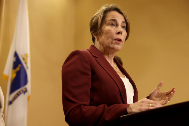 Massachusetts Gov. Maura Healey speaks during a press conference at the State House on Nov. 10 in Boston. Credit: Jessica Rinaldi/The Boston Globe via Getty Images