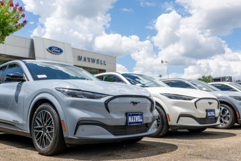 Ford Mustang Mach-E electric cars are seen for sale at a dealership on June 24 in Austin, Texas. Credit: Brandon Bell/Getty Images
