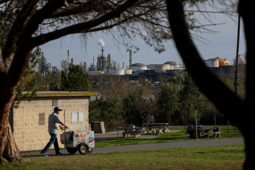 A view of the Phillips 66 Los Angeles refinery from Ken Malloy Harbor Regional Park on Feb. 16. Credit: Juliana Yamada/Los Angeles Times via Getty Images