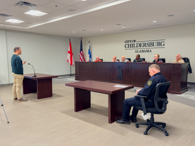 Resident Noah Beckham tells Childersburg's mayor and city council he's skeptical of allowing data centers in the town. Credit: Lee Hedgepeth/ Inside Climate News
