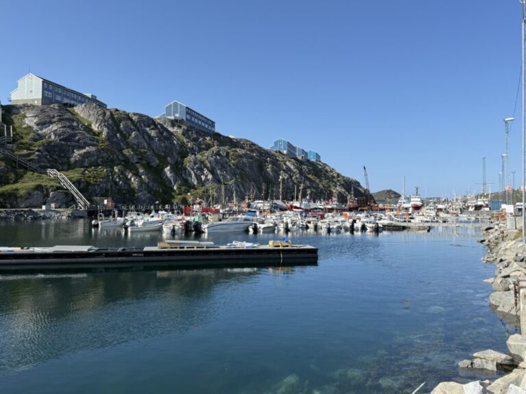 Private fishing boats and state-owned trawlers fill Nuuk's industrial harbor. While usually a peaceful economic hub, the waterfront has become a focal point for regional security as the recent landing site for Danish special forces. Credit: Johnny Sturgeon/InsideClimate News