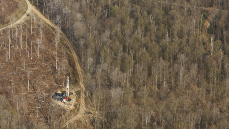 An oil rig drills near Salmon Creek in Pennsylvania's Allegheny National Forest in 2023, where more than 1,000 new oil and gas wells have been approved since October 2006. Credit: Mayra Beltran/Houston Chronicle via Getty Images