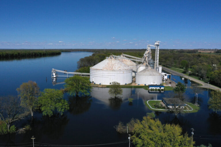 A grain elevator is surrounded by floodwater from the Mississippi River on the Iowa-Illinois border in 2023. Credit: Scott Olson/Getty Images