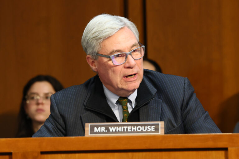 Sen. Sheldon Whitehouse (D-R.I.) speaks during a hearing in the Hart Senate Office Building on Feb. 10 in Washington, D.C. Credit: Michael M. Santiago/Getty Images