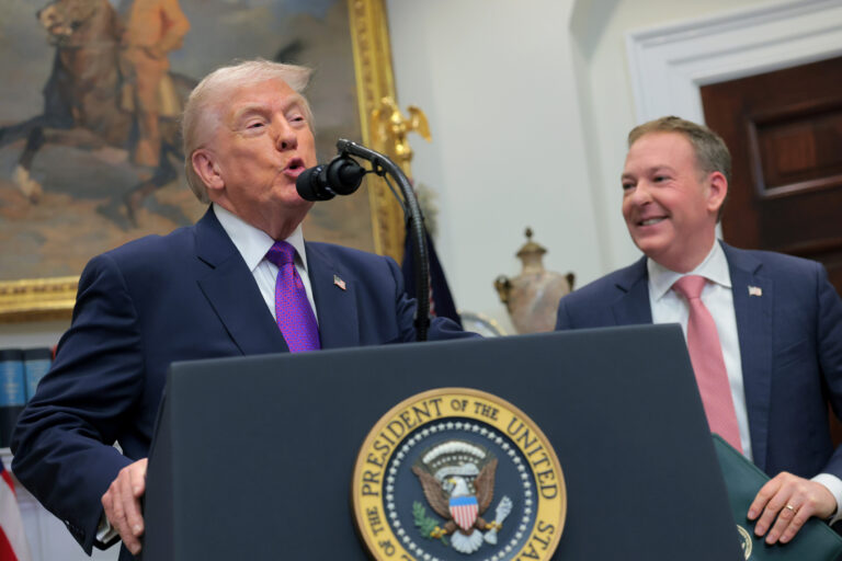 President Donald Trump speaks alongside EPA Administrator Lee Zeldin during an event announcing the rollback of the endangerment finding at the White House on Thursday. Credit: Anna Moneymaker/Getty Images