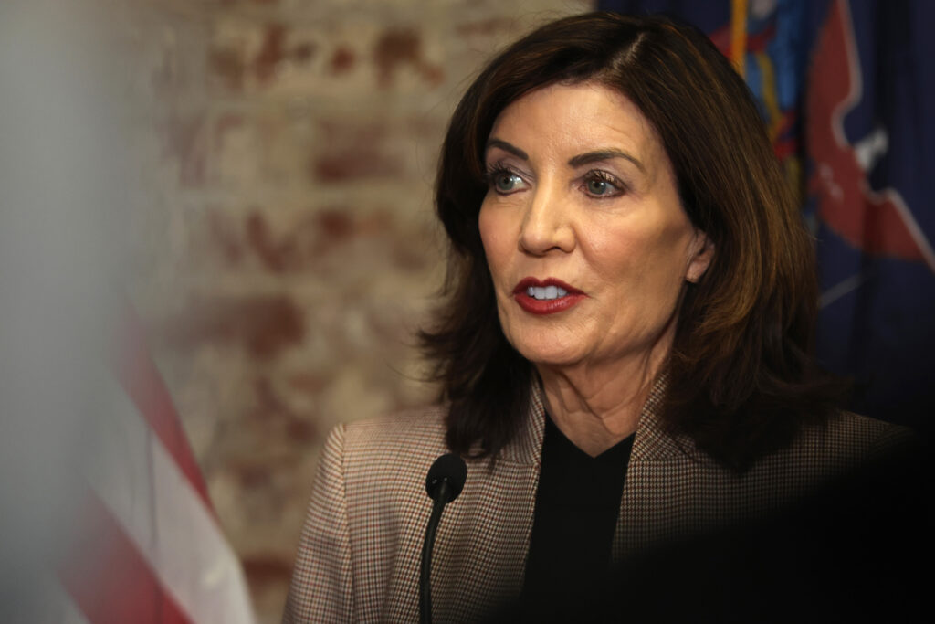 New York Gov. Kathy Hochul speaks to the media on Feb. 10 in New York City. Credit: Spencer Platt/Getty Images