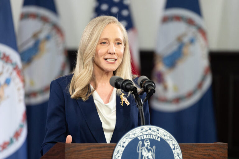 Virginia Gov. Abigail Spanberger delivers remarks on Feb. 24 in Williamsburg. Credit: Mike Kropf/Getty Images