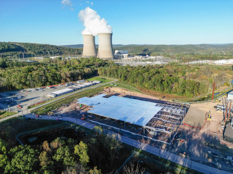 Construction of an Amazon data center is seen in front of Talen Energy’s nuclear power plant in Salem Township on Oct. 10, 2025. Credit: Jason Ardan/Citizens' Voice via Getty Images