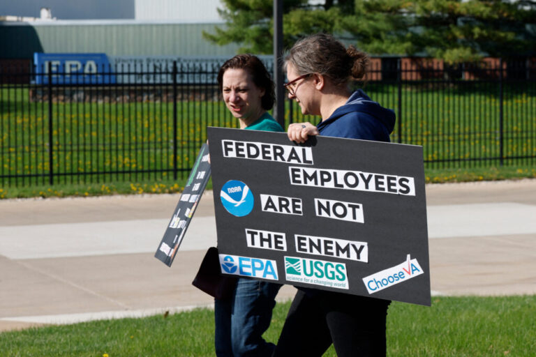 Demonstrators march during a “Hands off the EPA” rally outside the agency’s offices in Ann Arbor, Mich., on April 22, 2025. Credit: Jeff Kowalsky/AFP via Getty Images