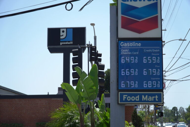 A Los Angeles gas station on April 30, 2026. Californians are reckoning with surging gas prices—the highest nationwide according to data from the motor club, AAA. Gasoline prices have surged as the war in Iran continues. Credit: Steven Rodas/Inside Climate News