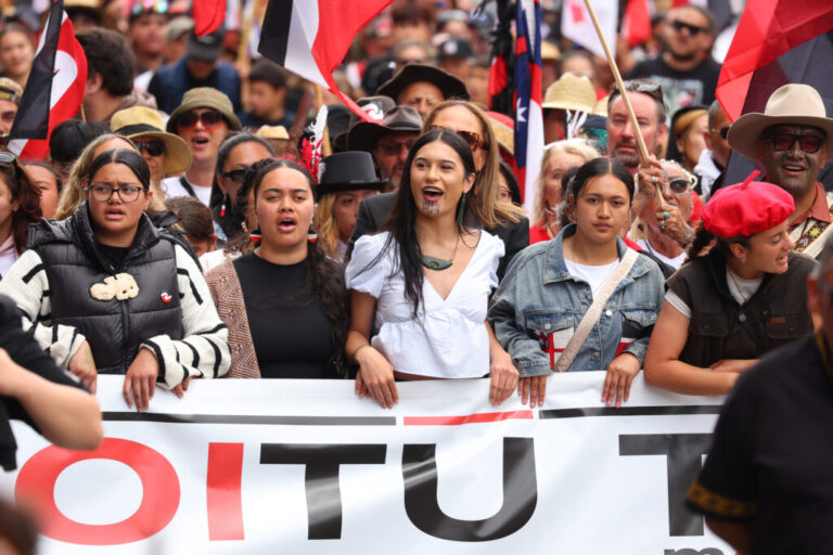Māori communities march to advocate for the interpretation of the Treaty of Waitangi and Indigenous rights on Nov. 19, 2024, in Wellington, New Zealand. Credit: Hagen Hopkins/Getty Images