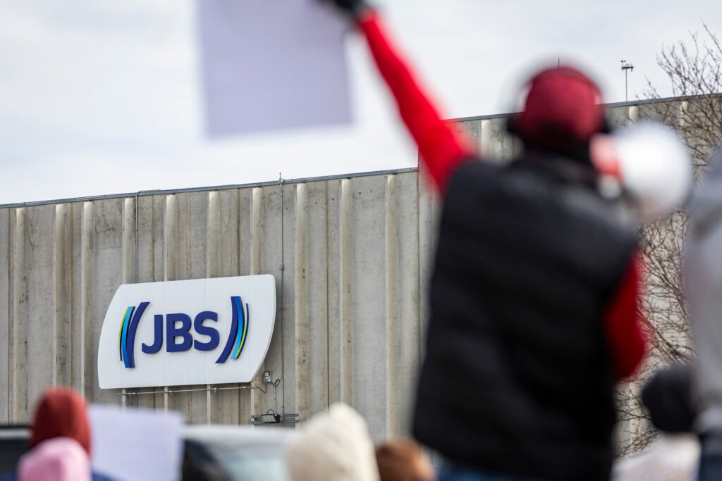 Workers strike at the JBS Beef Production Facility in Greeley, Colo., on March 16. Credit: Brice Tucker/MediaNews Group/Greeley Tribune via Getty Images