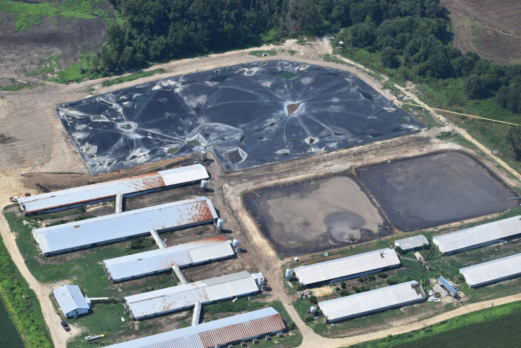 Une vue aérienne de White Oaks Farm en août 2022, qui montre un couvercle de digesteur anaérobie compromis et deux lagons découverts contenant des déchets. Crédit : Avec l’aimable autorisation de Samantha Krop