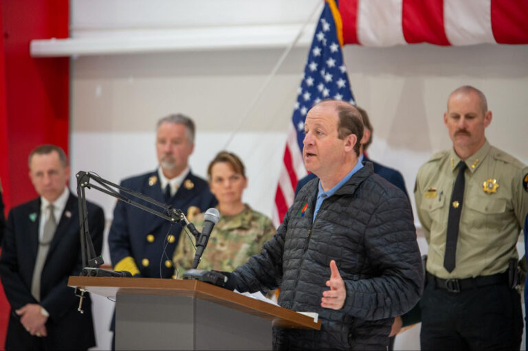 Colorado Gov. Jared Polis speaks at the annual state wildfire outlook briefing in Broomfield, Colo., on April 30. Credit: Drew Cavin/Colorado College Journalism Institute
