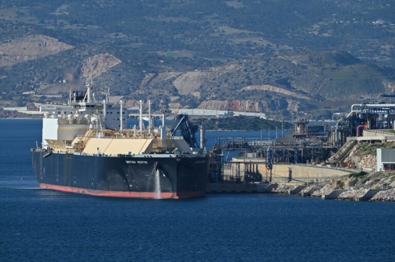 An LNG tanker from the United States unloads at a terminal near Athens, Greece, on Dec. 27, 2025. Credit: Nicolas Koutsokostas/NurPhoto via Getty Images