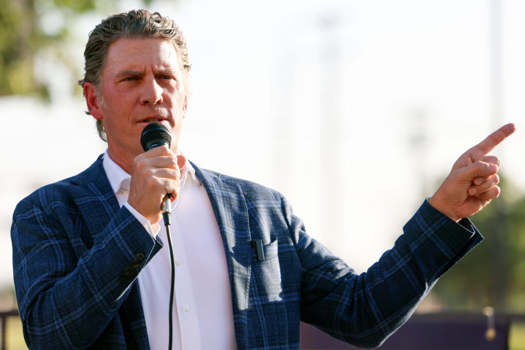 Bo French speaks as the Tarrant County Republican Party Chair during a rally in Mansfield on April 15, 2025. Credit: Shafkat Anowar/The Dallas Morning News via Getty Images