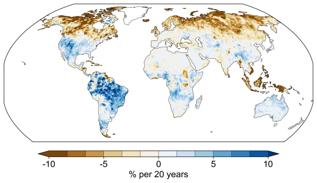 L’Amazonie et l’Ouest américain ont connu des taux de concentration de précipitations parmi les plus élevés au monde depuis 1980.