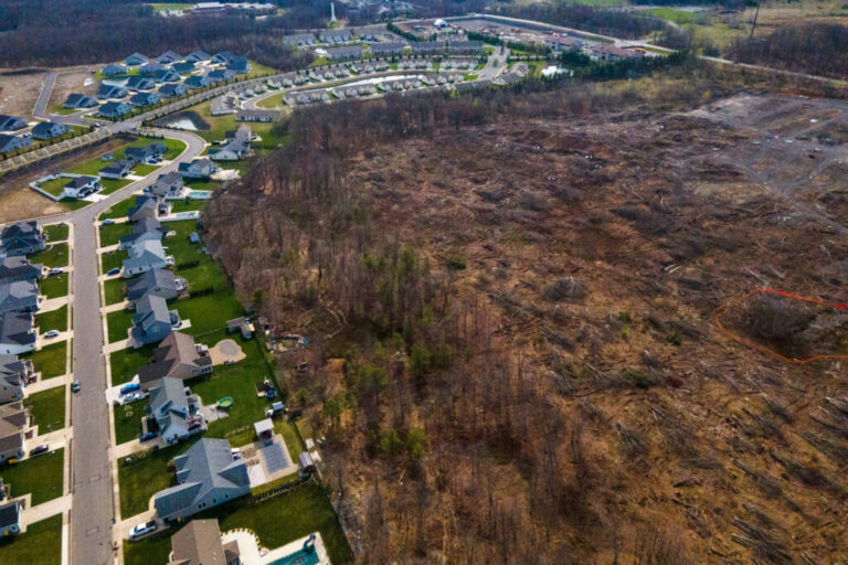 An aerial view of Project Boson, the future site of a nearly 620,000-square-foot data center surrounded by homes and a school in Archbald, Pa. Credit: Heather Ainsworth/The Washington Post via Getty Images