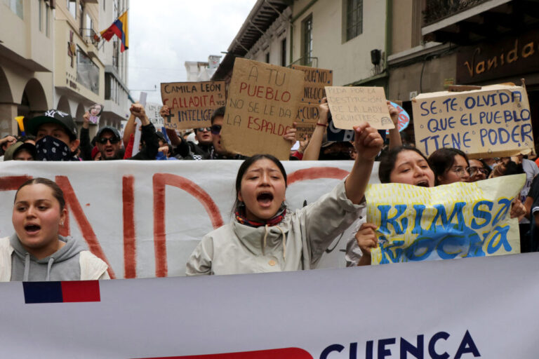 People rally against a Canadian mining project at the Quimsacocha moorlands in Cuenca, Ecuador, on Sept. 16, 2025. Credit: Galo Paguay/AFP via Getty Images